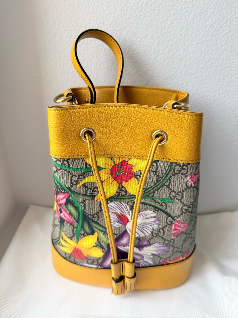 Gucci Yellow Floral GG Canvas Drawstring Mini Bucket Bag Authentic